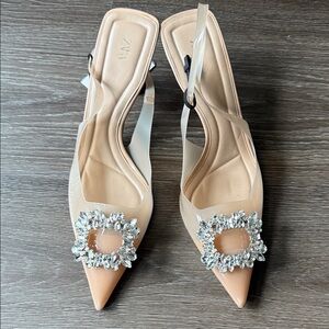 NWT Zara Beige Heels with Sparkling Embellishments